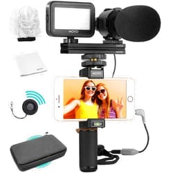 Movo Vlog Kit V7 - YouTube Starter Kit with Grip, Stereo Microphone, Light and Wireless Remote Vlogging Kit for iPhone for YouTube, TikTok, Vlogging Equipment for iPhone/Android - iPhone Vlogging Kit