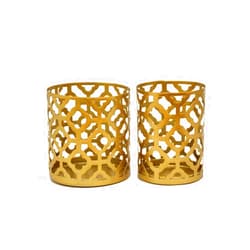 GorinsKani 2PCS Small Cylinder Hollow Out Candle Holder Decorative,Candle Holder, Hollow Out Cylinder Candle Holder，Candle Stand for LED & Wax Candles,Spa,Bathroom,Weddings (Gold A)