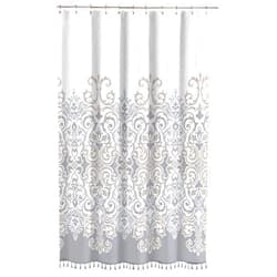 Sicily Collection Decorative Floral Fabric Shower Curtain: Elegant Style Grey, Bronze, White with Fringe