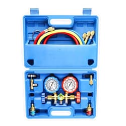 Orion Motor Tech 3 Way AC Diagnostic Manifold Gauge Set for Freon Charging, Fits R134A R12 R22 and R502 Refrigerants, with 3FT Hose, Tank Adapters, Quick Couplers and Can Tap
