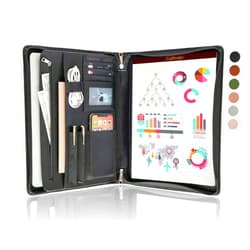 Calfinder Leather Padfolio Organizer for Men, Professional Vegan Leather Portfolio Folio with A4 Writing Pad Holder, Business Resume Zippered Padfolio Organizer for Women, Standard, Black