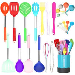 Fungun Silicone Cooking Utensil Set, Fungun Non-stick Kitchen Utensil 24 Pcs Cooking Utensils Set, Heat Resistant Cookware, Silicone Kitchen Tools Gift with Stainless Steel Handle (Colorful-24pcs)