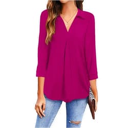 Newchoice Womens Collared V Neck 3/4 Sleeve Shirts Business Casual Tops Loose Work Blouses (S-3XL)