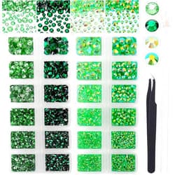 AUREHEN 15000PCs 2-6MM Green Series Resin Flat Back Rhinestones, Round Non Hotfix Jelly & Silver Bottom Resin Rhinestones Nail Gems Stones with Tweezer & Picker Pen for Nail Art Tumblers & DIY Crafts