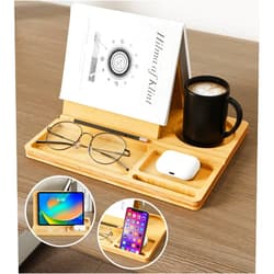 NiHome Bamboo Wooden Book Stand Holder with Triangle Design for Spine-Friendly Book Resting, Natural Finish Multipurpose Organizer with Detachable Magnetic Base for Glasses, Pens, Smartphone and More