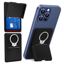 Asstar Magnetic Wallet with Ring, MagSafe Compatible, Adjustable Stand for Apple Wallet, Magnetic Card Holder for iPhone 15/14/13/12, Twill PU Leather, 3 Cards, Black