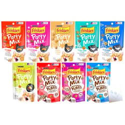 CHRONOS ENTERPRISES LLC Friskies-Party Mix Cat Treats HUGE Variety Pack - All Nine Flavors: Chicken & Liver, Whitefish & Crab, Tuna, Salmon, Shrimp, Chicken & Gravy and More + Pet Paws Notepad (2.1oz Each, 18.9oz Total)
