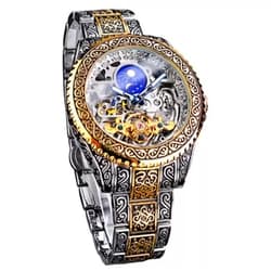 Forsining Vintage Watch for Men Engraved Automatic Self-Wind Mechanical Big Dial Luminous Moon Phase Golden Hollow Tattoo Pattern Wrist Watches