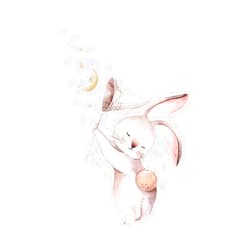 Wland 17.3 in x 25.6 in Cute Cartoon Rabbit Watercolor Bunny Catching Moon Stars Balloon Removable Vinyl Wall Decals Stickers for Children Room Nursery Decoration Baby Boy Girl Bedroom