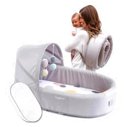 Lulyboo Portable Baby Travel Lounge & Playpen - Indoor/Outdoor Cuddle & Play Baby Bed, Adjustable Backpack, Waterproof, Lightweight, Includes Changing Pads, Plush Toys & Removable Canopy (Bubble)