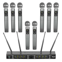 Phenyx Pro Wireless Microphone System, 8-Channel Metal Wireless Mic Set w/ 8 Cordless Mics, 8x20 UHF Frequencies, 200ft Range, Dynamic Microphones for Singing, Karaoke, Church, DJ (PTU-4200-8H)