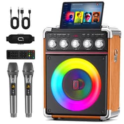 PPMIC Karaoke Machine for Adults with 2 Wireless Microphones, Portable Bluetooth 5.3 Speaker with Bass/Treble/Echo Adjustment, PA System with Remote Control, Supports TWS/TV/TF Card/USB/AUX (Wood)
