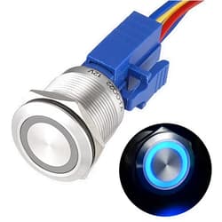 APIELE 22mm Momentary Push Button Switch 12V Angel Eye LED Waterproof Stainless Steel Round Metal Self-Reset 7/8'' 1NO 1NC with Pigtail (Blue)