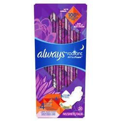 ALWAYS Radiant, Size 4, Overnight Sanitary Pads With Wings, Scented, 20 Count