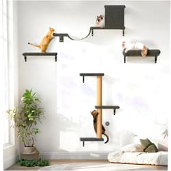 FUKUMARU Cat Wall Shelves, Stable & Safe 4 in 1 Cat Furniture Set, Wooden Climbing Wall with Scratching Post for 16 Inch Drywall - Gray