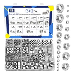 ZQZ 510 Pcs 2 in 1 SAE and Metric Stainless Steel Hex Nut Assortment Kit,2#56 4#40 6#32 8#32 10#24 10#32 12#24 1/4-20 5/16-18 3/8-16 7/16-14 1/2-13 M2 M2.5 M3 M4 M5 M6 M8 M10 M12 Hardware Nuts Set