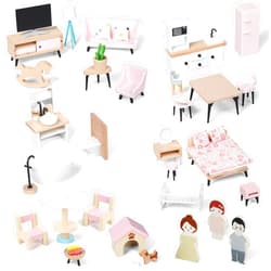 Pithfor Wooden Dollhouse Furniture Set, Dollhouse Accessories and Furniture, with 7 Rooms 3 Dolls, Includes Patio Set & Dog Set, Doll House Furniture Toys Gift for Kids Boys Girls