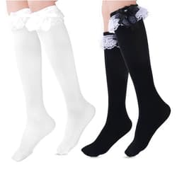 Giantree Women Lace Ruffle Knee High Socks, Cotton Knee High Socks with Bow, Cute Lolita Socks with Bow Lace Ruffle Trim Socks for Women(White+Black)