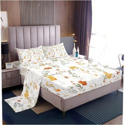 Generic Hand Painted Watercolor Wildflowers 4 Pieces Bed Sheets Set Soft Microfiber Queen Bedding Set Deep Pockets Fitted Sheet Set Yellow Flat Sheet Room Decor with 2 Pillowcases for Girls and Boys