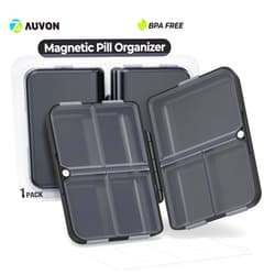 AUVON Travel Pill Organizer with Folding Design, 7 Compartments Daily Pill Case with Long-Lasting Hinges, Portable Pill Box for Pocket Bag, Small Pill Container for Fish Oil, Vitamin, Black