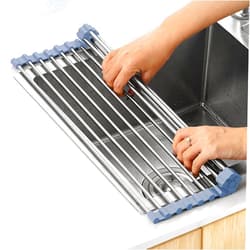 MECHEER Over The Sink Dish Drying Rack, Roll Up Dish Drying Rack Kitchen Dishes Rack Stainless Steel Sink Drying Racks, Foldable Dishes Drainer, Gray (17.5''x15.7'')