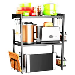 DOLALIKE Microwave Oven Rack, Expandable Microwave Stand Countertop Kitchen Utensils Tableware Storage, Carbon Steel Over Microwave Shelf Countertop with 6 Hooks