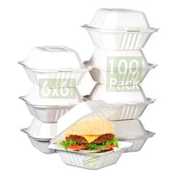 Green Earth 6-Inch, 100-Count, Compostable Clamshell, Natural Bagasse (Sugarcane Fiber), Take-Out/to-Go Food Boxes - Biodegradable Containers, Hinged Lid Microwave-Safe Gluten-Free Eco-Friendly