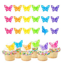 DecoPac Butterfly Cupcake Rings, 24 Multi-colored Cupcake Toppers in Pink, Purple, Blue, Green, Yellow & Orange, 3d Food Safe Cake Toppers – 24 Pack