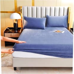 LweiPsqLin Velvet Fitted Sheet Queen Size,Fleece Plush Bed Sheet Mattress Protector Cover with 15'' Deep Pocket Warm Fuzzy Bottom Sheet (Not Include Pillowcases),Blue