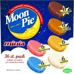 Moon Pie Minis 36 Pack. 6 Pies of Each: Original, Once in a Blue Moon Blueberry, Vanilla, Banana, Strawberry, Salted Caramel. 1oz. Snack Pies Individually Wrapped.