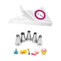 MuYwa 1M 2D 1A 4B D66 Piping Tips and Bags with Coupler,5 Large Frosting Tips Set for Rosettes,Drop FLower,Macarons,Churros,Eclairs,20 Disposable Pastry Bags for Decorating,1 Large Coupler