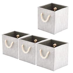 BeigeSwan Foldable Bamboo Fabric Storage Bins [set of 4] with Cotton Rope Handles, Collapsible Organizer Boxes Basket - 10.5 x 10.5 x11 inch (Gray)