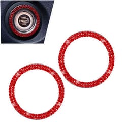 Damwot 2PCS Bling Double Rhinestone Car Engine Start Stop Decoration Ring, Push Start Button Bling Ignition Ring Sticker, Bling Crystal Car Interior Accessory for Women (Red)