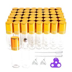 PYAWI 50 PCS Essential Oil Roller Bottles 5ml Clear Glass Roller Bottles with Stainless Steel Roller Ball,Gold Caps, Vials for Travel Perfume Sample Bottles (5ml)