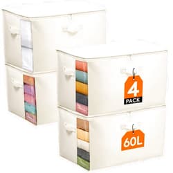 Lifewit 4 Pack Canvas Storage Bags for Clothes, 60L Cotton Linen Blanket Storage with Zipper, Comforter Storage with Three Sturdy Handles, Storage Containers for Sweaters, Pillows, Duvets, Bedding