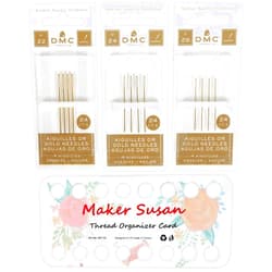 Maker Susan DMC Size 22-24-26 (3 Pack) Gold Cross Stitch Needles Kit, Large Eye Round End Embroidery and Tapestry Hand Needles with Maker Susan Embroidery Thread Holder Organizer Card (12 Needles, 1 Org Card)