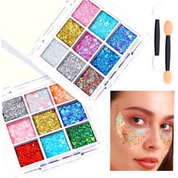 FANDAMEI Face Glitter, 2 PCS Face Glitter Gel 18 Grids, Body Hair Glitter for Kids Women for Makeup, Halloween Rave Concert Face Paint Glitter