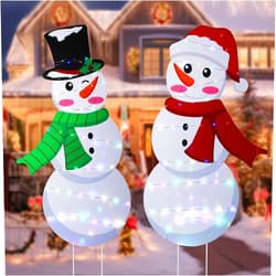 Barydat 2 Pcs Christmas Snowman Yard Sign with LED Lights 35 Inch Xmas Snowman Outdoor Yard Stakes Cute Lighted Christmas Yard Decorations for Holiday New Year Winter Outside Garden Lawn