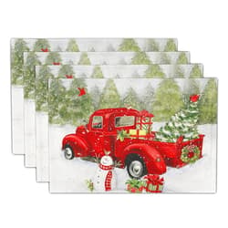Mweet Christmas Truck Placemat Set of 4, Vintage Red Truck Snow Farm Xmas Tree Table Place Mats Heat Resistant Washable Cotton Linen Fabric, Winter Holiday Party Kitchen Dining Decor
