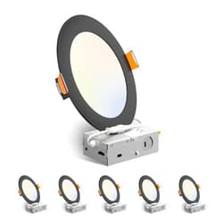 Amico 6 Pack 6 Inch 5CCT Ultra-Thin LED Recessed Ceiling Light with Junction Box, 2700K/3000K/3500K/4000K/5000K Selectable, 12W Eqv 110W, Dimmable Canless Downlight, 1050LM High Brightness,Black