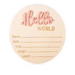 NQEUEPN Newborn Announcement Sign, 5.9in Wooden Hello World Sign Baby Welcome Sign Birth Baby Name Plaques for Newborn Boys and Girls Photo Props Baby Shower Hospital Nursery (Light Pink)
