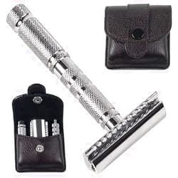 Parker Safety Razor Parker A1R TRAVEL SAFETY RAZOR - Compact 4-Piece Double Edge Safety Razor with Protective Leather Case - Ideal for Everyday Use - Iconic Brand