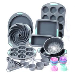 To encounter 49 Pieces Silicone Bakeware Set, Heat Resistant Silicone Baking Pans, Nonstick Silicone Baking Molds for Cake, Bread and Muffin, with Measuring Cups and Spoons Set, Light Grey