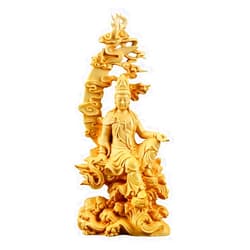 ANWUYANG Boxwood Carving Shuiyue Guanyin Round Carving, Big Leaf Boxwood Semi-Handmade Solid Wood Buddha Statue Crafts for Home/Office