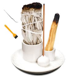 YIENENG 4 in 1 Multifunctional Ceramic Incense and Candle Holder with Ash Catcher Tray Suit for Burning White Sage, Palo Santo Sticks (White)