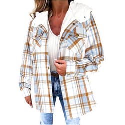 Generic Women's Sherpa Lined Plaid Jackets 2024 Winter Fashion Warm Thick Hooded Coats Casual Long Sleeve Button Down Outwear