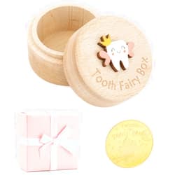 WALLFID Tooth Fairy Box for Lost Teeth For Kids,Wooden Tooth Box Cute 3D Tooth Storage Box Tooth Keepsake Box with Tooth Fairy Coin,Gift box(Round coin)