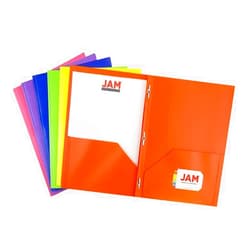 JAM PAPER Plastic Color POP Folders - 2 Pocket Durable Folders with Metal Prongs Fastener Clasps - Assorted Primary Colors - 6/Pack