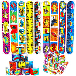 Junkin 90 Pcs Hero Party Favors Hero Slap Bracelet and Stickers Hero Snap Bracelet Wristband Hero Stickers Hero Party Supplies for Kids Birthday Party Baby Shower Decorations