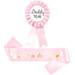 Akebrog Baby Shower Mom To Be Sash And Tinplate Badge Daddy To Be Combo Kit,Baby Gender Reveal Party Gifts (Light Pink)